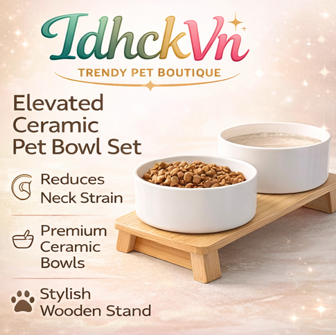 IdhckVn™ Elevated Ceramic Pet Bowl Set, Modern Raised Cat & Dog Feeding Bowls with Wooden Stand, Ergonomic Pet Feeder